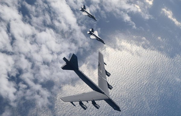 Israeli F-35s escort a US B-52 bomber over Israeli airspace on November 10. [IDF]