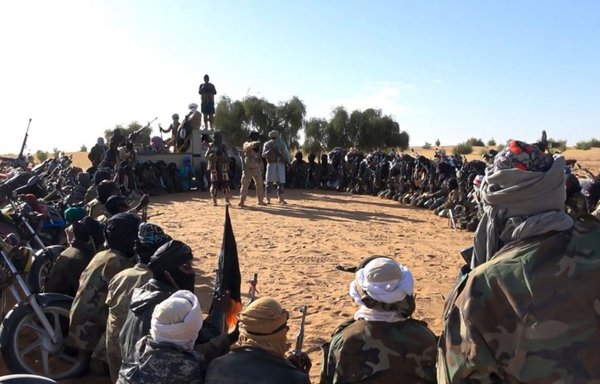 ISIS members gather for a meeting in the Sahel region of West Africa in a photo posted on social media on December 4.