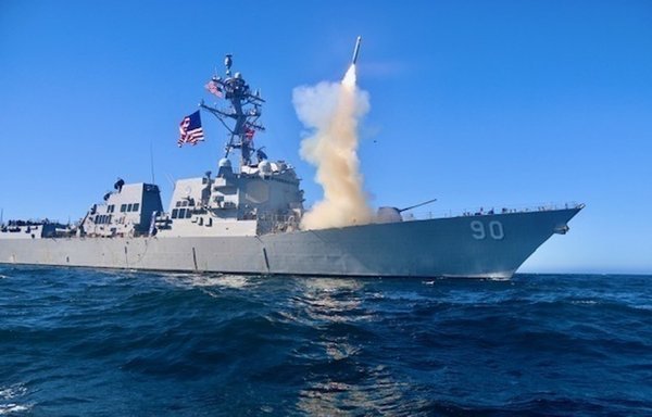 A Tomahawk cruise missile being fired from a US destroyer. [US Navy]