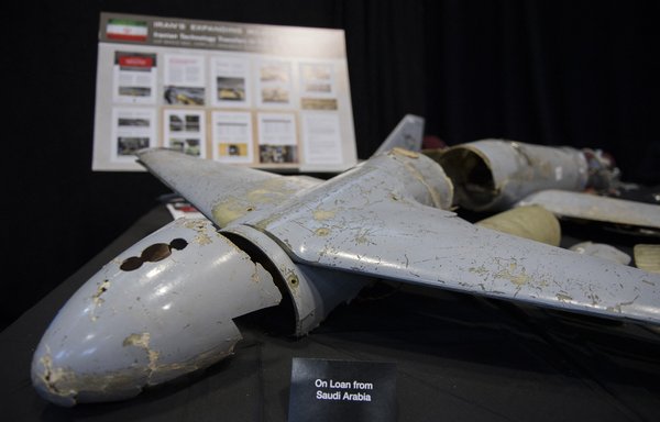 An Iranian-made kamikaze drone fired by the Houthis at Saudi Arabia is seen on display at Joint Base Anacostia in Washington, DC, on December 14, 2017. [Jim Watson/AFP]