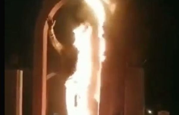 A statue of Qassem Soleimani erected on January 6 by local government in Iran's Shahrekord, in Chahar Mahal and Baktiari province, was burned to the ground by members of the public on the same night. [Photo circulated on social media]