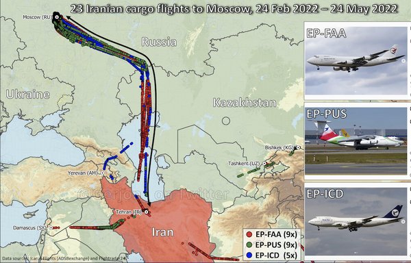 An overview of flight tracks of three Iranian cargo aircraft in the three months following the invasion of Ukraine (February 24–May 24). In the period since, more flights have taken place, totalling 69 as of November 4. [@Gerjeron_/Twitter]