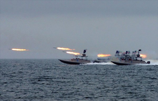 IRGC Navy boats carry out a missile firing exercise in the Gulf. [Sayyed Shahab-o-Din Vajedi]