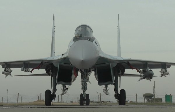 A Russian Su-35 on the runway before takeoff. [File]