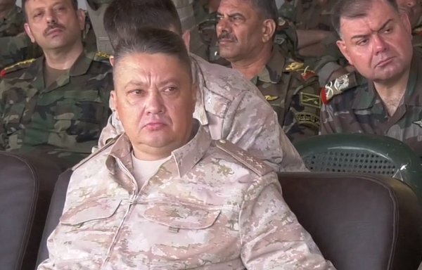 Russian Col. Gen. Aleksandr Chaiko, seen here in a screenshot from a video posted on Facebook, attends military exercises for the Syrian army on October 4. [Syrian Ministry of Defence]