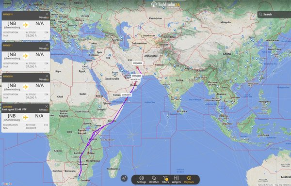 This map from live flight tracker Flightradar24 shows how the four Airbus A340s disappeared from flight tracking services over Iran after they left Johannesburg on December 24, apparently bound for Uzbekistan. [Gerjon/Twitter]