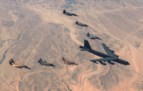 US and Israeli fighter aircraft escort a US B-52 Stratofortress strategic bomber as part of Juniper Oak 23.2 on January 24. [US Central Command]