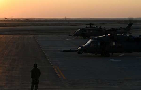 Two US Air Force HH-60 Pave Hawk helicopters sit on the flightline after conducting a combat search and rescue exercise on January 24 as part of Juniper Oak 23.2. [US Air Force]