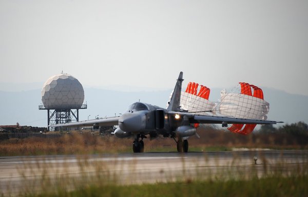 A Russian Su-35 fighter lands at the Russian military base of Hmeimim, in Latakia province, Syria, on September 26, 2019. [Maxime Popov/AFP]