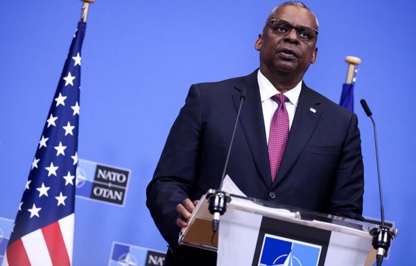 US Defence Secretary Lloyd Austin holds a press conference at the end of a two-day meeting of NATO defence ministers in Brussels on February 15. [Kenzo Tribouillard/AFP]