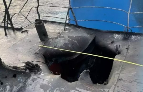 This photo shows the impact location of the Iranian UAV that targeted the Mercer Street vessel on July 30, killing two people onboard. [CENTCOM]