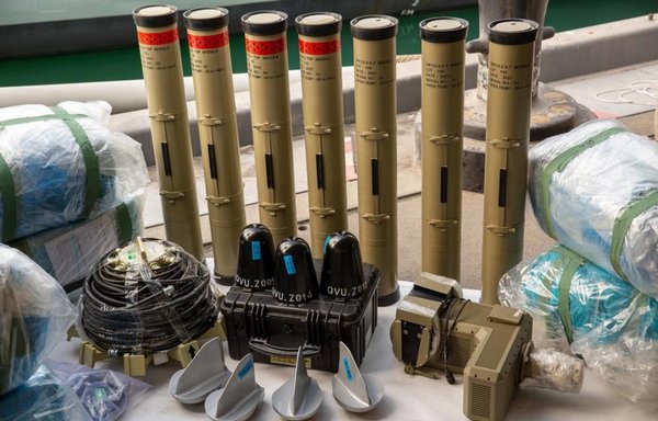 Iranian anti-tank guided missiles and medium-range ballistic missile components seized by the UK Royal Navy are seen during inventory at a military facility on February 26. [US Army]