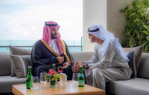 UAE President Sheikh Mohammed bin Zayed Al Nahyan meets Saudi Crown Prince Mohammed bin Salman on the sidelines of the G20 summit in November. [Saudi Press Agency]