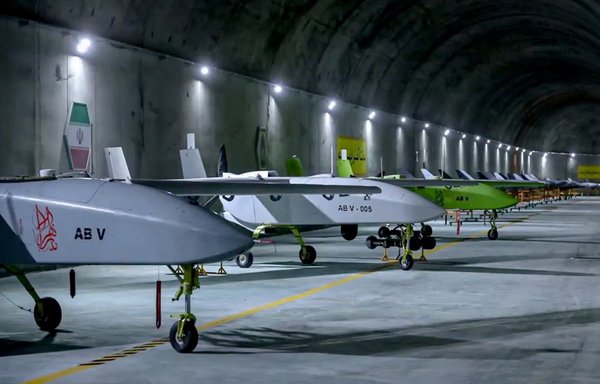A number of Iranian-made drones parked inside an underground facility in Iran last May. [Iranian Ministry of Defence]