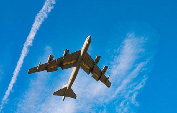 A B-52H Stratofortress bomber is seen over Europe on March 24. The United States has 46 nuclear-capable B-52H Stratofortresses in its arsenal. [USSTRATCOM]