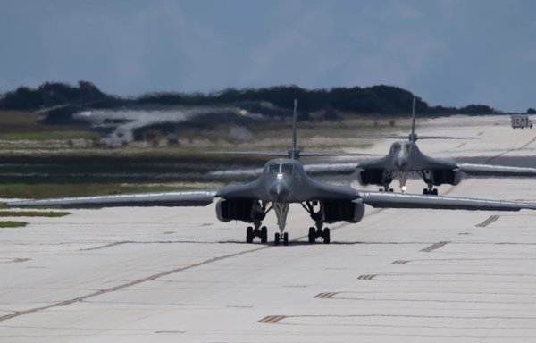Two US Air Force B-1B Lancers prepare to take off from Andersen Air Force Base, Guam, June 6, in support of a Bomber Task Force integration mission in the Indo-Pacific region. [US Air Force]