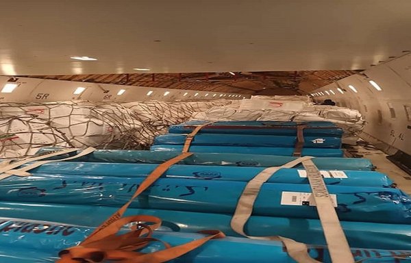 Shipments of Iranian aid to Syrian earthquake victims, seen here in an image from Iranian state-controlled media on February 7, are packaged so it is impossible to see what is inside. [Al-Alam]