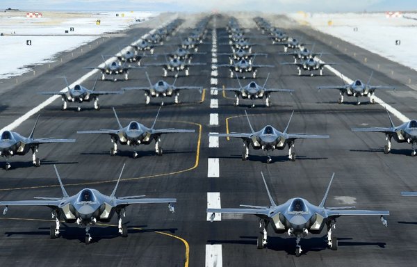 US Air Force F-35A aircraft, from the 388th and 428th Fighter Wings, form up in an 'elephant walk' during an exercise at Hill Air Force Base, Utah, January 6, 2020. [US Air Force]