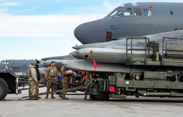 A US Air Force B-52H Stratofortress assigned to the 5th Bomb Wing is prepared for loading of air-launched cruise missiles during Global Thunder 23 at Minot Air Force Base in North Dakota April 12. [US Air Force]