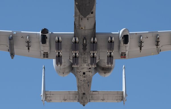 An A-10 Thunderbolt II equipped with 16 Small Diameter Bombs (SDBs) takes off for a test mission at Nellis Air Force Base in Nevada April 19. [US Air Force]