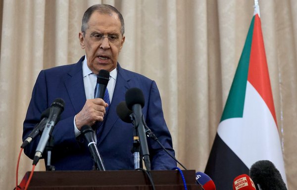 Russian Foreign Minister Sergey Lavrov gives a news conference in Khartoum on February 9 during an official visit to Sudan. [Ashraf Shazly/AFP]