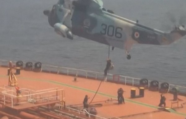 A screen grab shows Iranian naval forces as they launch the operation to seize the Advantage Sweet oil tanker in the Gulf of Oman on April 27. [IRIB/AFP]
