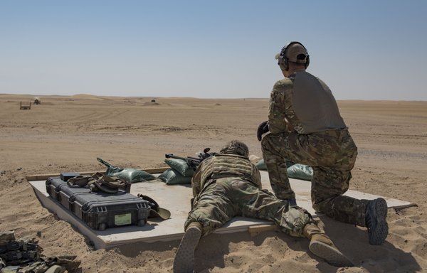 A range participant fires a Barrett .50-caliber rifle at the Udairi Range Complex at Camp Buehring in Kuwait October 12, 2020. The weapons fired at the range are vital to supporting missions in the area of responsibility. [US Air Force]