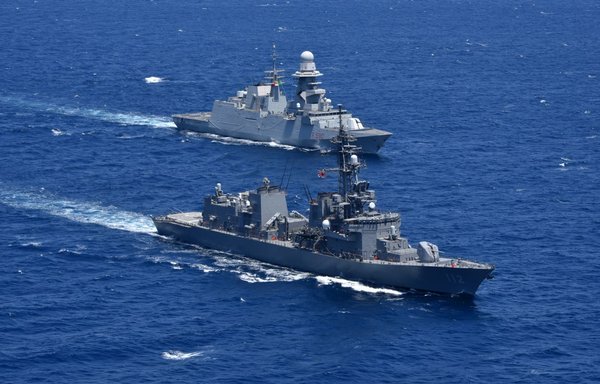 Japanese Maritime Self-Defence Force destroyer JS Makinami sails alongside Italian Navy frigate ITS Carlo Bergamini in the Gulf of Aden during combined training between Combined Maritime Forces and European Union Naval Forces on April 8. [Courtesy photo/US Navy]