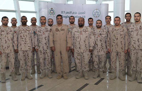 UAE forces participating in Eagle Resolve 23, a joint military exercise between the United States and GCC countries, pose for a picture at the Air Warfare Centre at King Abdulaziz Air Base, Saudi Arabia. [UAE Ministry of Defence]