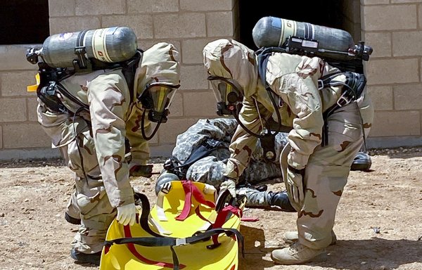 Soldiers from the US Army's Task Force Spartan and Saudi Arabia work through Chemical, Biological, Radiological and Nuclear (CBRN) scenarios during Eagle Resolve 23. [Task Force Spartan]