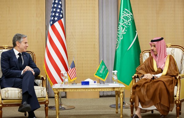 US Secretary of State Antony Blinken meets with Saudi Arabia's Foreign Minister Prince Faisal bin Farhan, in Riyadh on June 7. [Ahmed Yosri/POOL/AFP]