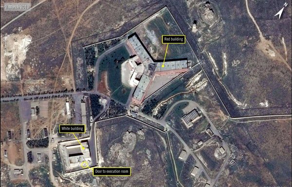 A satellite image shows Syria's military-run Saydnaya prison, one of the country's largest detention centres, in 2017 -- the year the United States accused Syria of building a prison crematorium to destroy the remains of thousands of murdered detainees. [Handout/various sources/AFP]