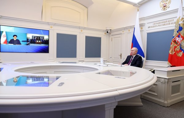 Iran and Russia are increasing their defence co-operation. On May 17, the presidents of the two countries met via video link ahead of a deal to build the Rasht-Astara railway. [Mikhail Klimentyev/SputnikAFP]