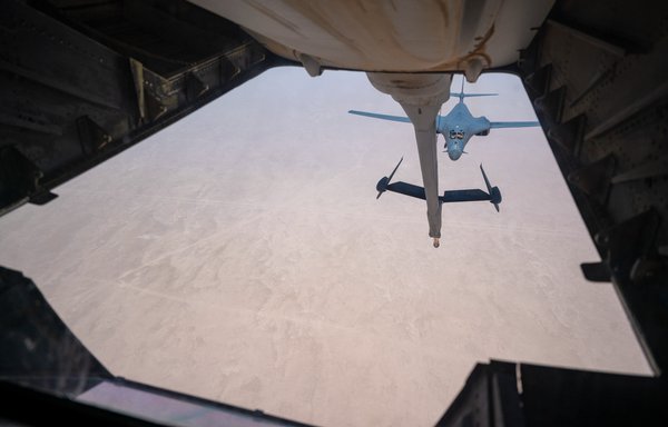 A B-1B Lancer approaches a refuelling aircraft during a Bomber Task Force mission above Saudi Arabia on June 8. [CENTCOM]