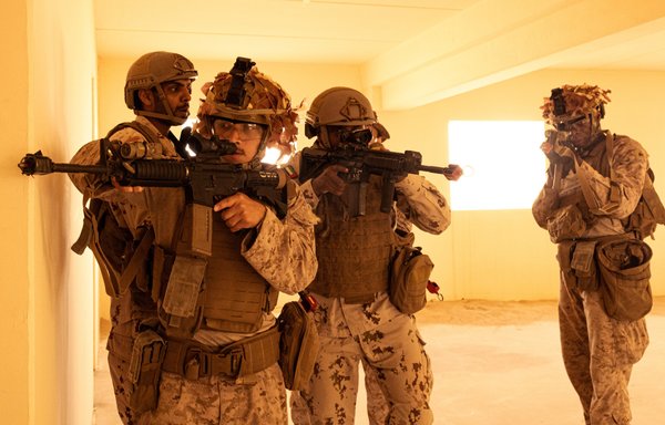 US Marines and soldiers with the UAE Armed Forces conduct room clearing procedures during exercise Intrepid Maven 23.3 in the UAE, May 16. [US Marine Corps]