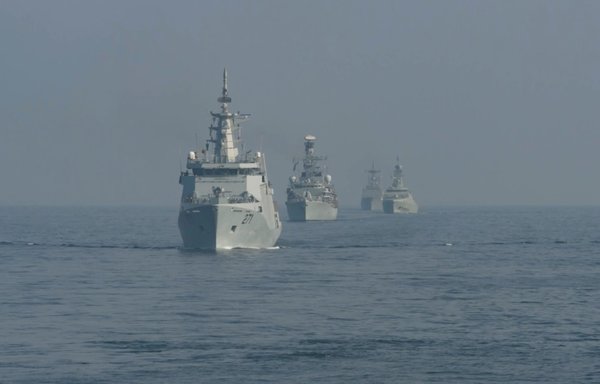 Ships sail in formation on March 15 in the Gulf of Oman during International Maritime Exercise 2023. [US Navy]