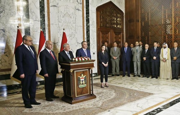 Iraqi President Abdul Latif Jamal Rashid speaks at a May 9 press conference held at Baghdad International Airport upon the arrival of Iraqi antiquities recovered from the United Kingdom. [Website of the Iraqi President]
