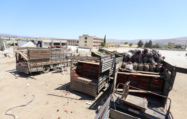 کامیون‌های حامل سبزیجات در حملهٔ هوایی ۴ تیر روسیه به بازاری در جسر‌الشغور‌ در استان ادلب آسیب دیده‌اند. [عبدالعزیز کتاز/ خبرگزاری فرانسه]