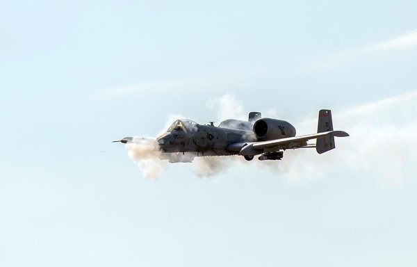 An A-10 Thunderbolt II performs a strafing run at the Saylor Creek Bombing Range, south of Mountain Home, Idaho, September 8. [US Air National Guard]