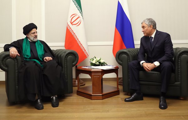Iranian President Ebrahim Raisi sits with Russian Duma chairman Vyacheslav Volodin in 2021. Iran's 'Look to the East' policy has brought it closer to Russia. [president.ir]