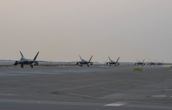 US Air Force F-22 Raptors arrive at al-Dhafra air base in the United Arab Emirates on February 12, 2022. [US Air Force]